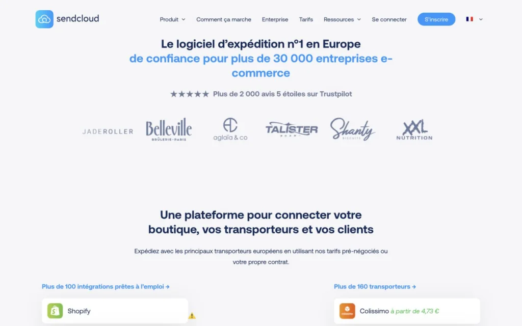 Page d'accueil du site de Sendcloud, présentant sa plateforme d'expédition de colis pour le e-commerce