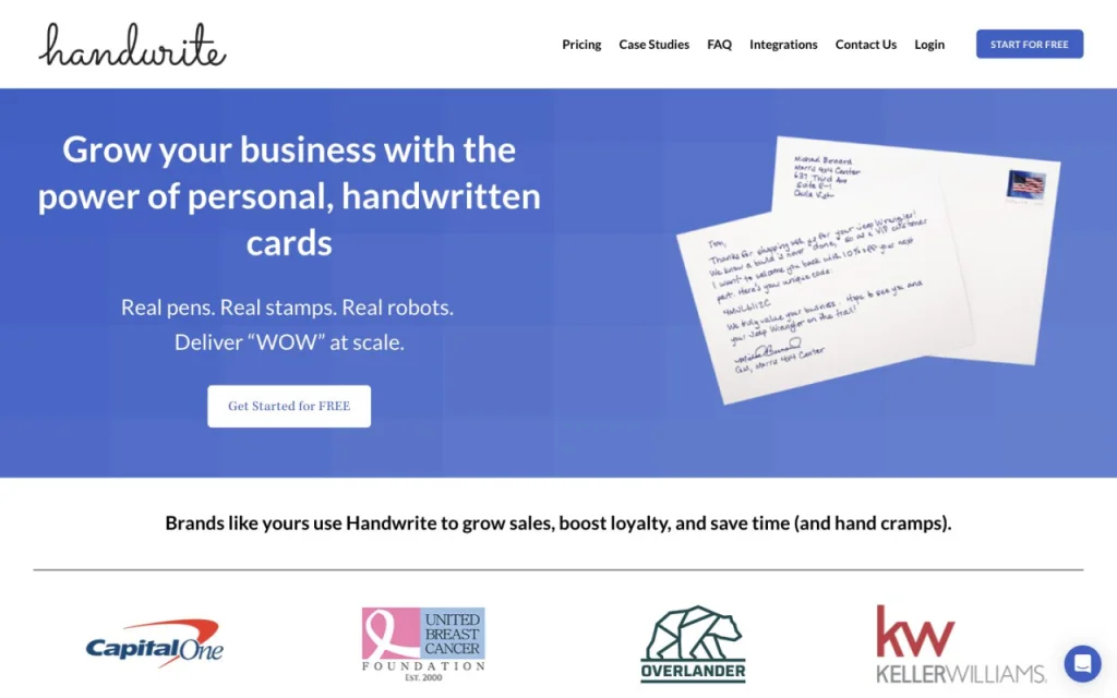 Page d'accueil du service Handwrite présentant ses cartes manuscrites pour les entreprises