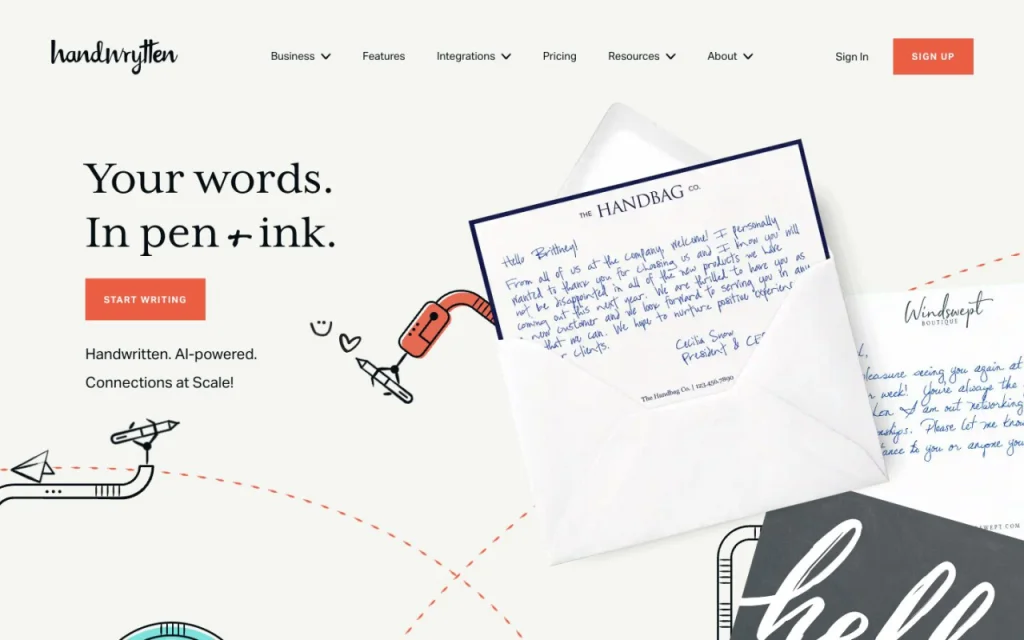Page d'accueil du site Handwrytten montrant une carte écrite au stylo par un bras robotisé