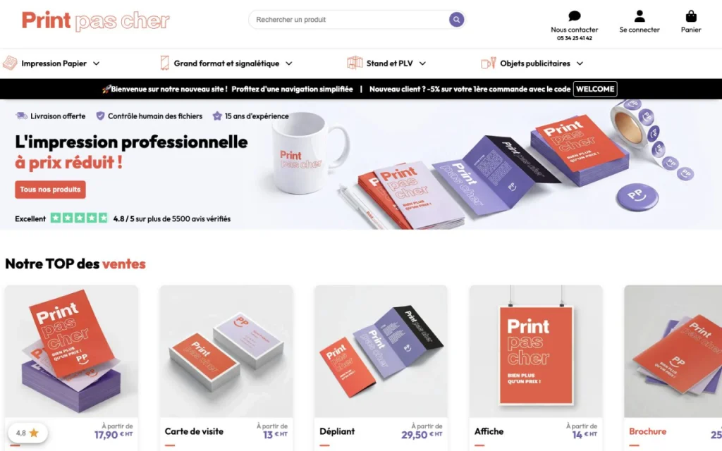 Page d'accueil du site de PrintPasCher, présentant son catalogue d'impression en ligne et ses prix d'appel