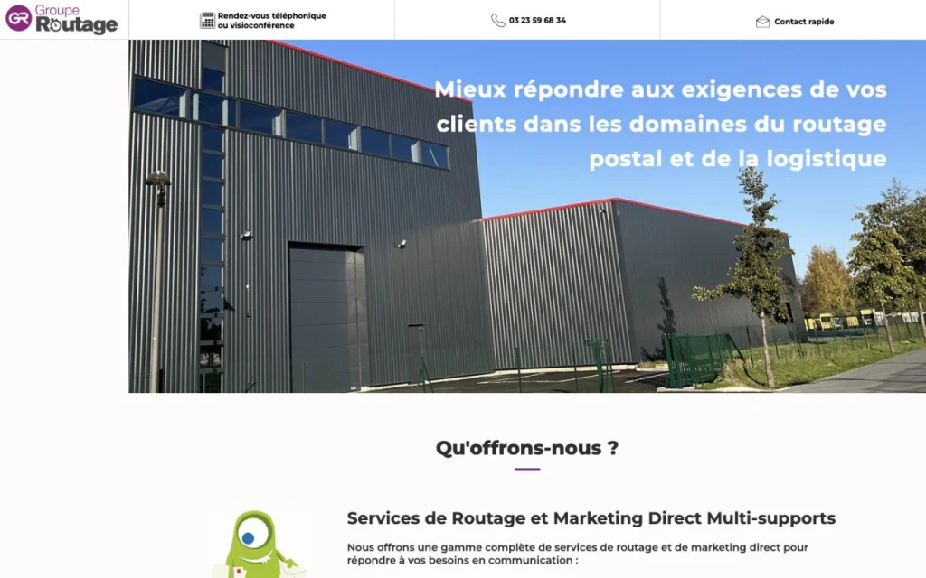 Page d'accueil du site de Groupe Routage, présentant ses services de routage postal et de logistique