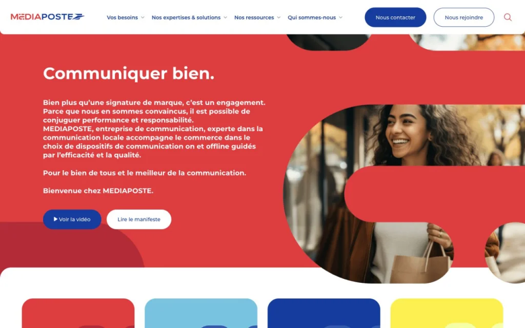 Page d'accueil du site de MEDIAPOSTE présentant son positionnement de communication locale