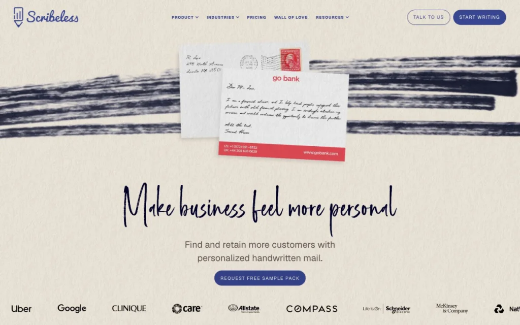 Page d'accueil du site Scribeless montrant une lettre et une enveloppe à rendu manuscrit et le slogan Make business feel more personal