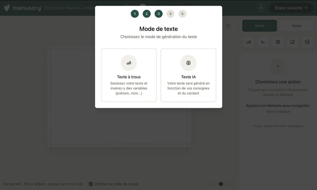 Étape de l'éditeur Manuscry proposant deux modes de génération du texte, texte à trous ou texte IA