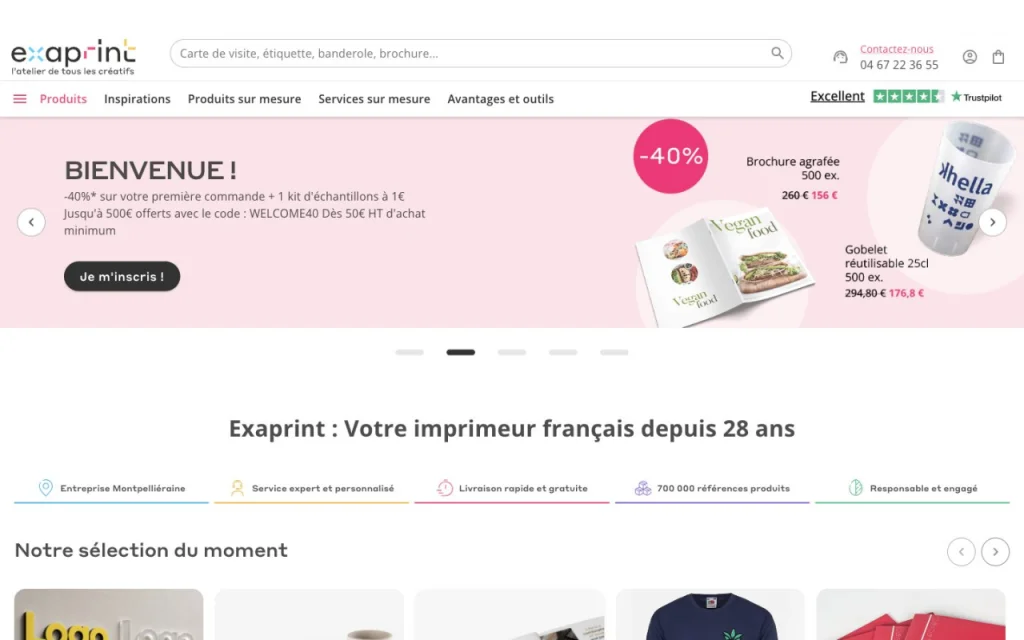Page d'accueil du site d'Exaprint, présentant son catalogue d'impression en ligne et ses offres du moment