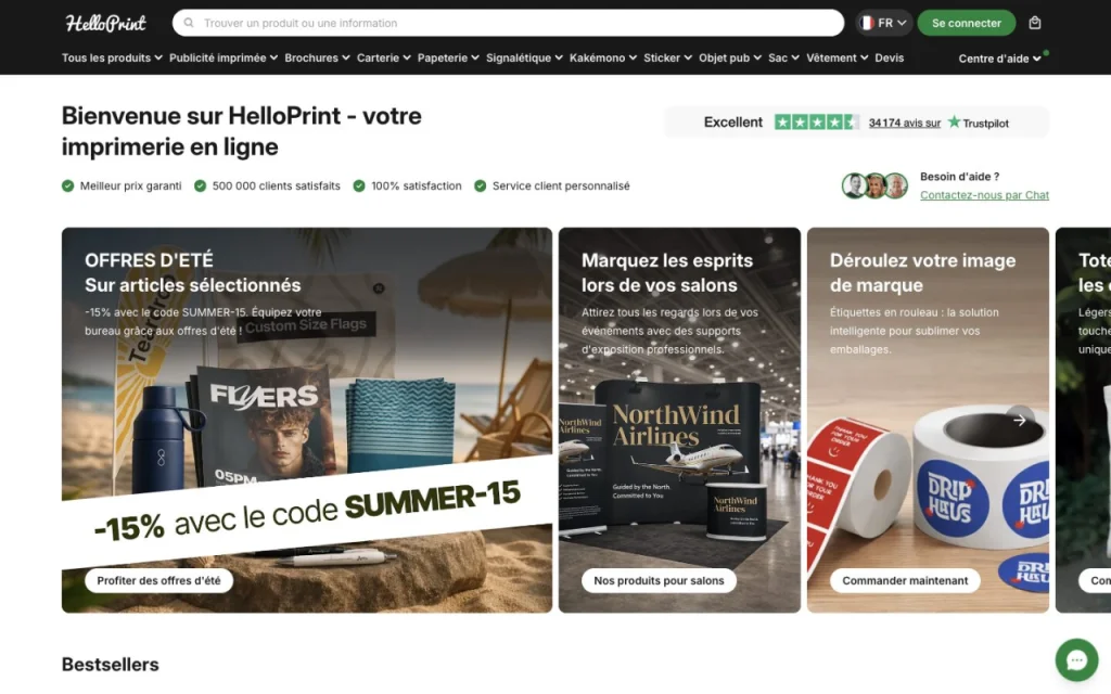 Page d'accueil du site de Helloprint, présentant son catalogue de produits imprimés et ses offres en cours