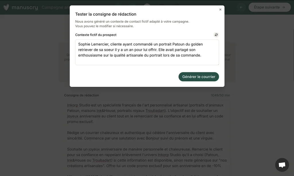 Modale de test d'une consigne de rédaction Manuscry, avec un profil de contact fictif avant génération