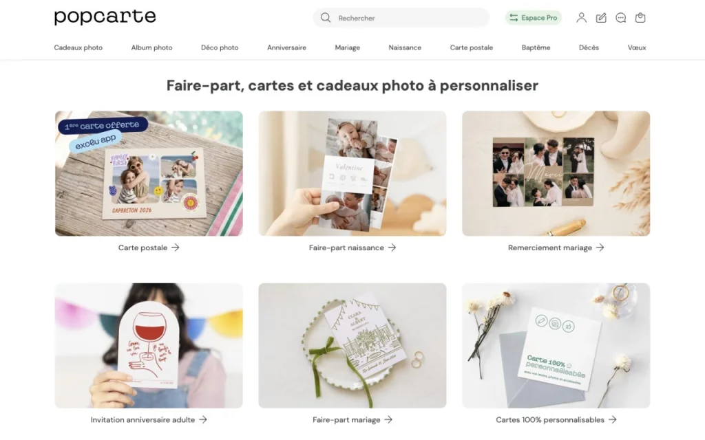 Page d'accueil de Popcarte présentant ses catégories de cartes et de cadeaux photo