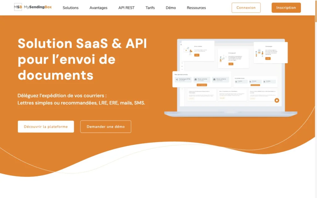 Page d'accueil du site MySendingBox présentant sa plateforme SaaS et son API d'envoi de documents