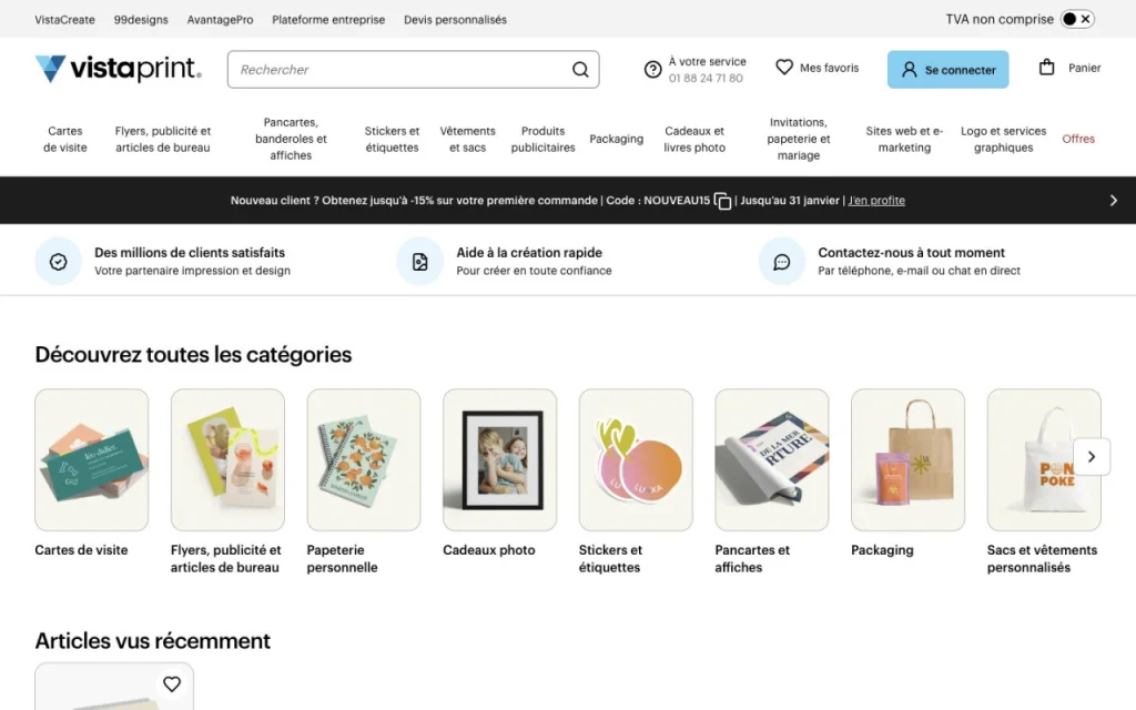 Page d'accueil du site Vistaprint, présentant ses catégories de produits imprimés