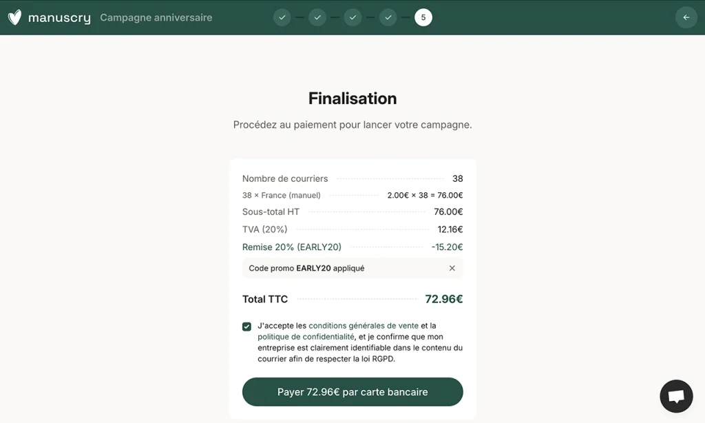 Étape de finalisation d'une campagne Manuscry avec le détail des coûts et le paiement en ligne