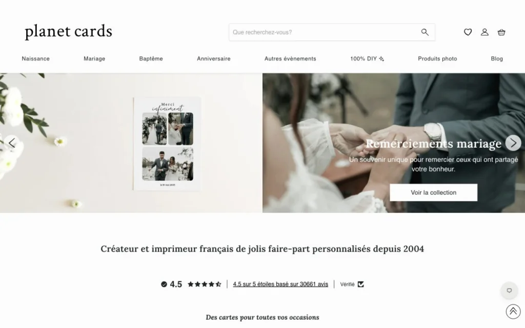 Page d'accueil de Planet Cards présentant ses collections de faire-part et de cartes personnalisées