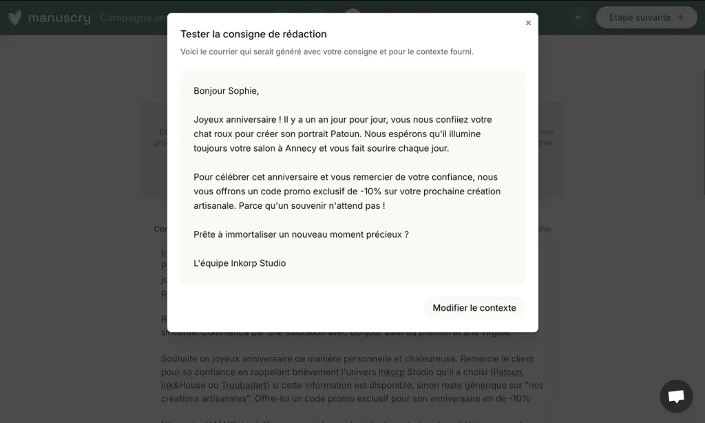 Aperçu d'un courrier généré à partir d'une consigne de rédaction dans l'interface Manuscry