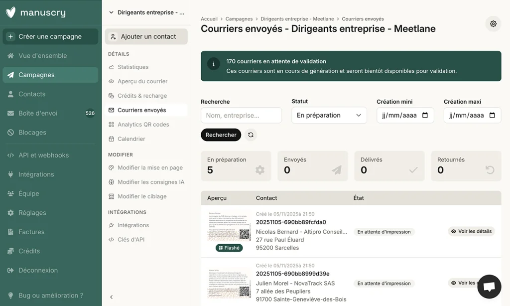 Suivi des courriers d'une campagne dans l'interface Manuscry, avec le statut de chaque envoi
