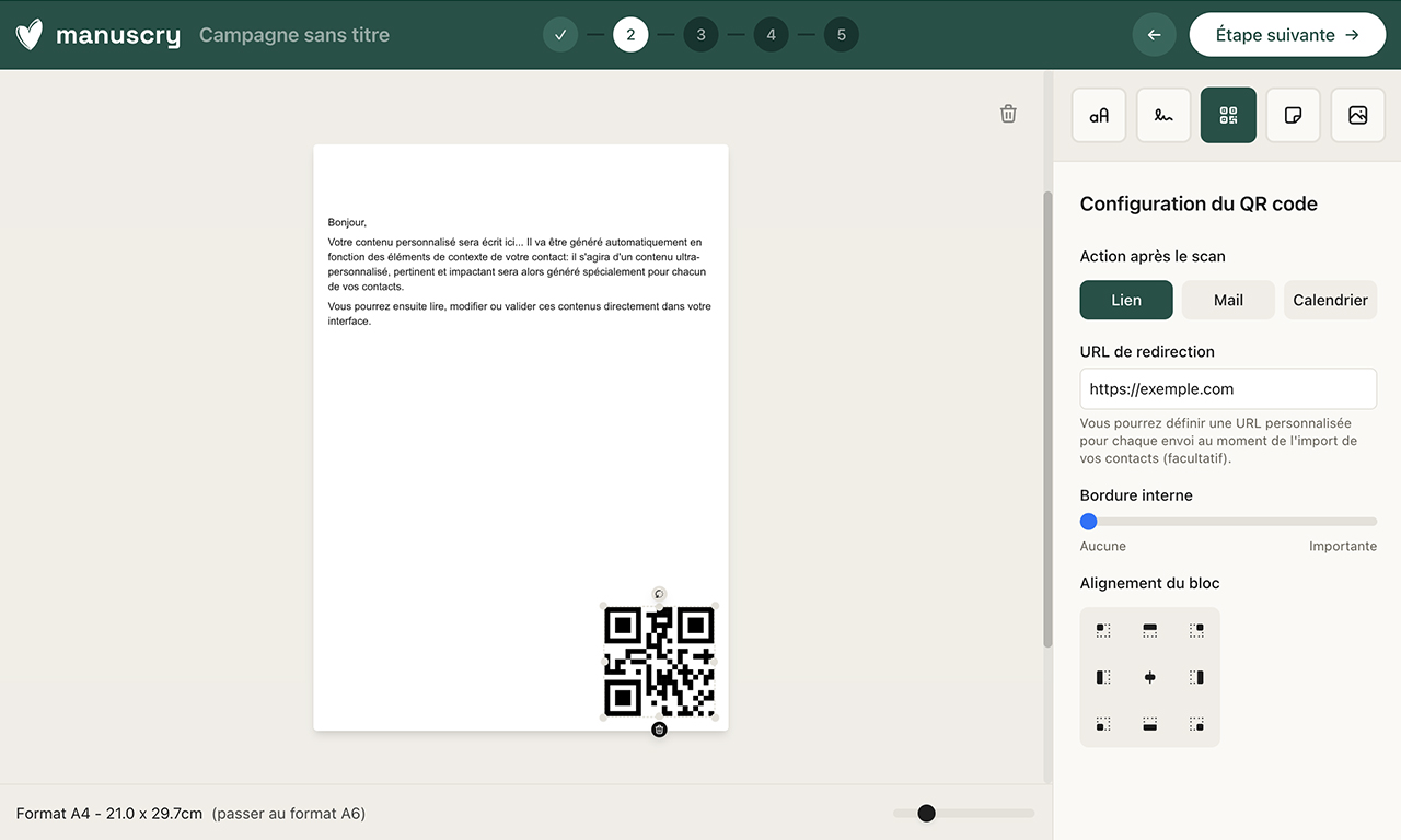 Cette page montre la pop in en 5 étapes de l’éditeur Manuscry, étape 4 qr code ou non.