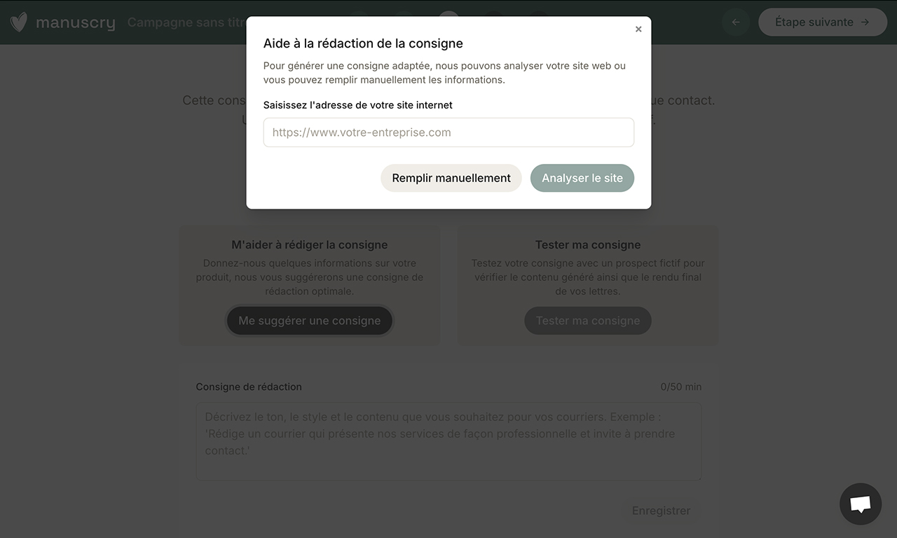 Cette pop in affiche la génération produit et objectifs de campagne selon l’url qu’on a rentré en étape précédente.