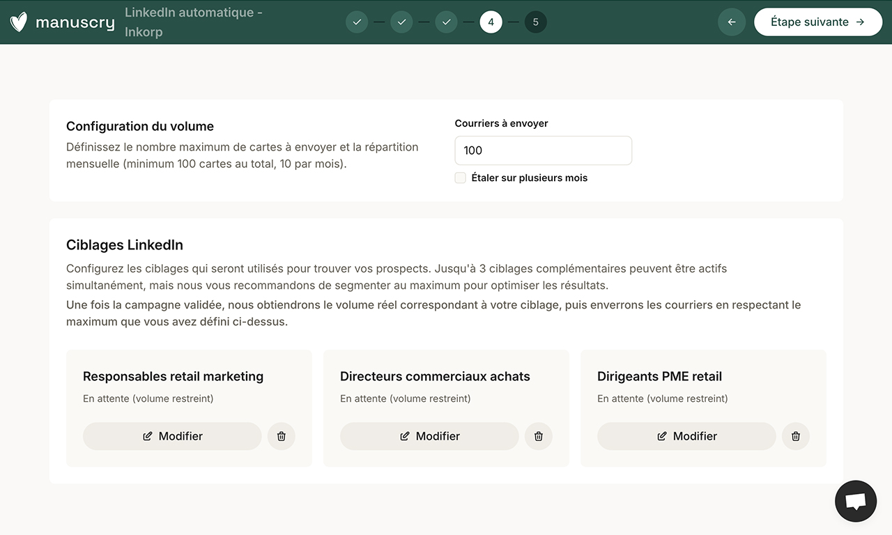 Cette page montre les 3 ciblages générés selon url pour une campagne linkedin automatique manuscry en étape 3.