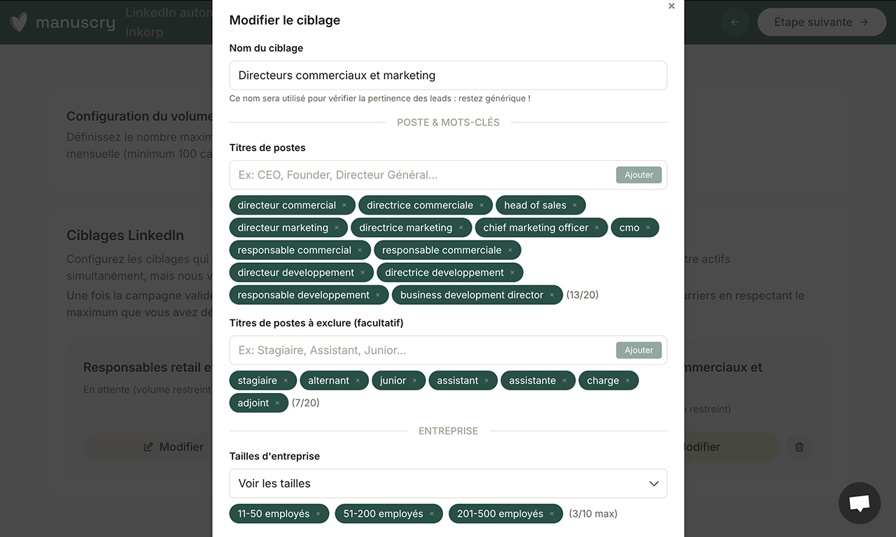 Cette pop in montre un ciblage généré modifiable selon url pour une campagne client linkedin automatique, avec informations comme titre de postes à inclure ou exclure, tailles entreprises, langues.