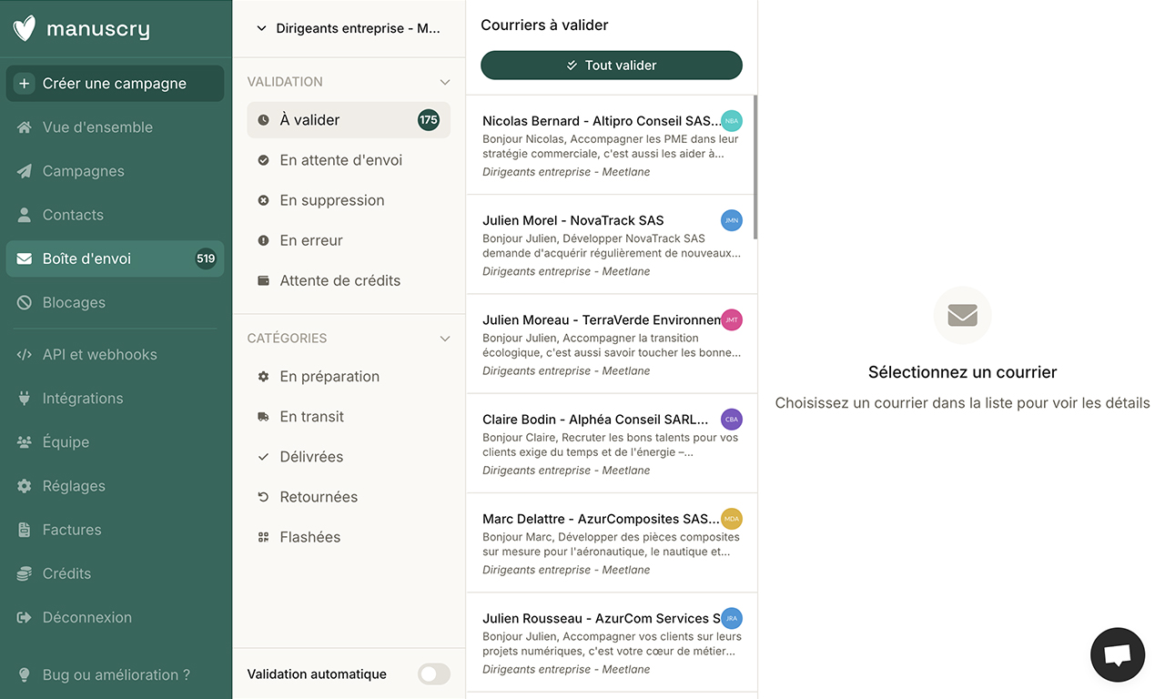 Cette page montre la boîte courrier des clients manuscry.