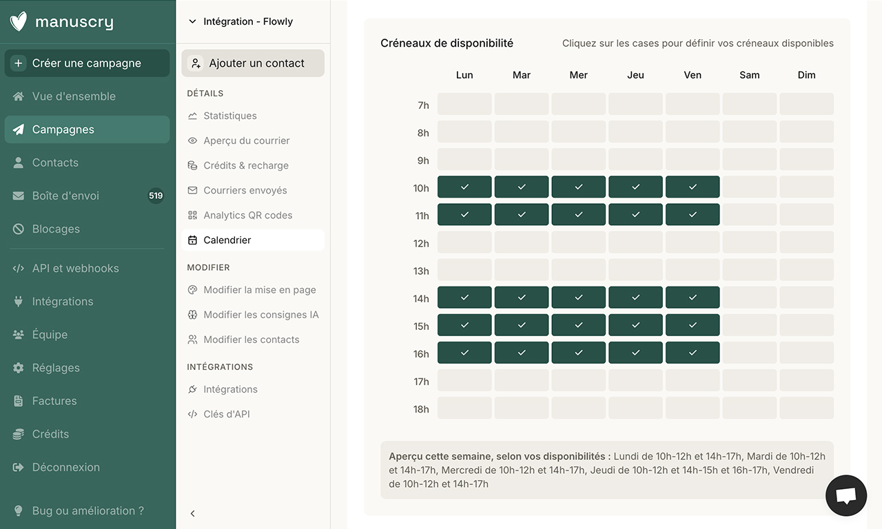 Cette page montre un Google Calendar connecté sur la page calendrier d’une campagne, et les différentes configurations possibles.