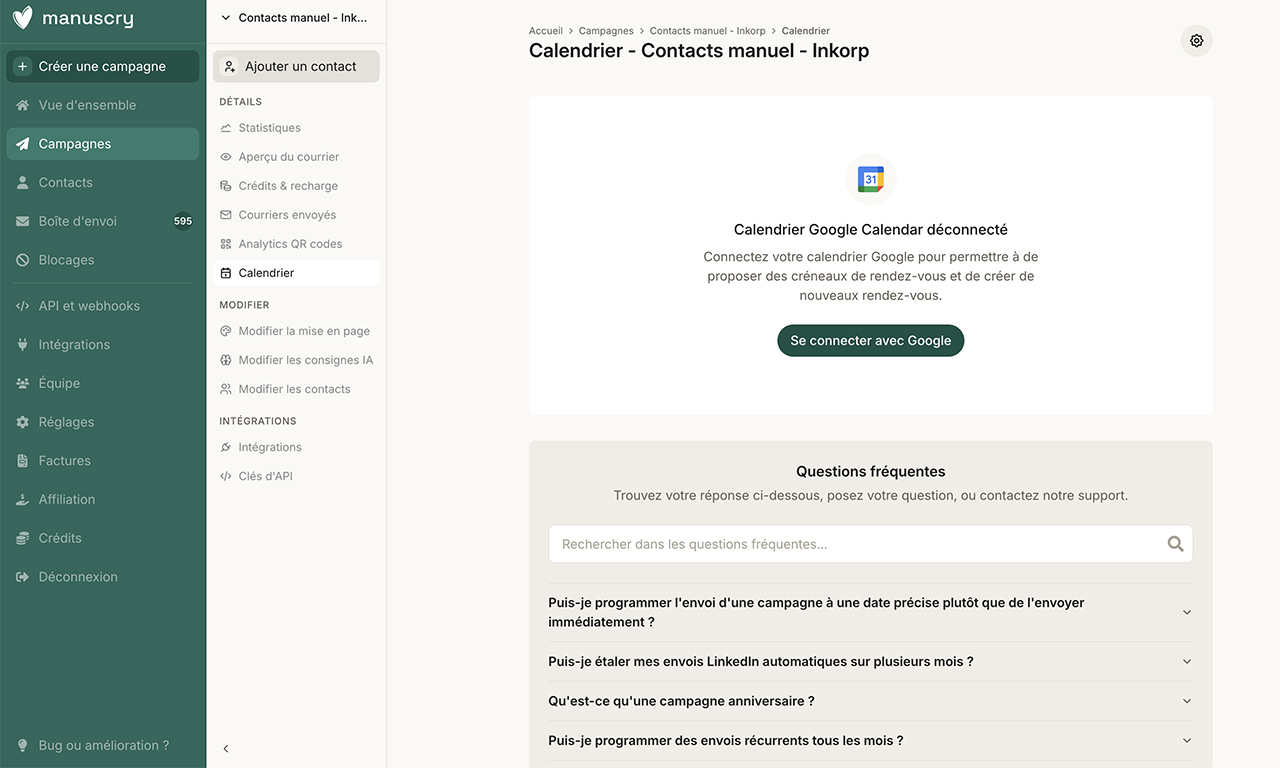 Cette page montre pour une campagne d’un client sur son compte l’onglet Calendrier, afin de connecter son Google Calendar.