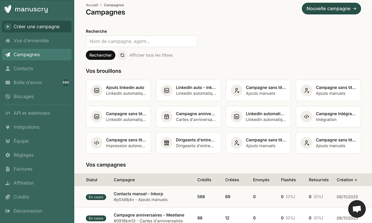 Cette page montre dans le compte la page des campagnes du client.