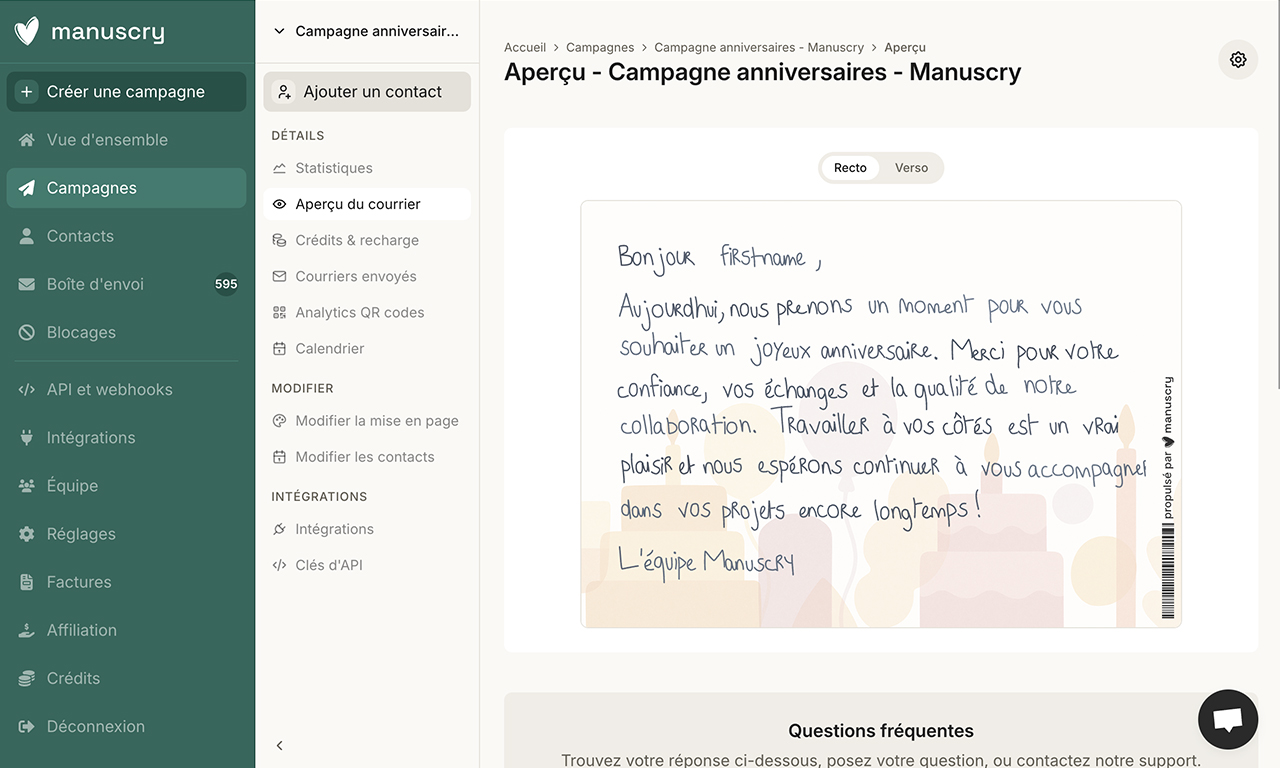 Cette page montre l’aperçu du courrier mis en place pour une campagne client.