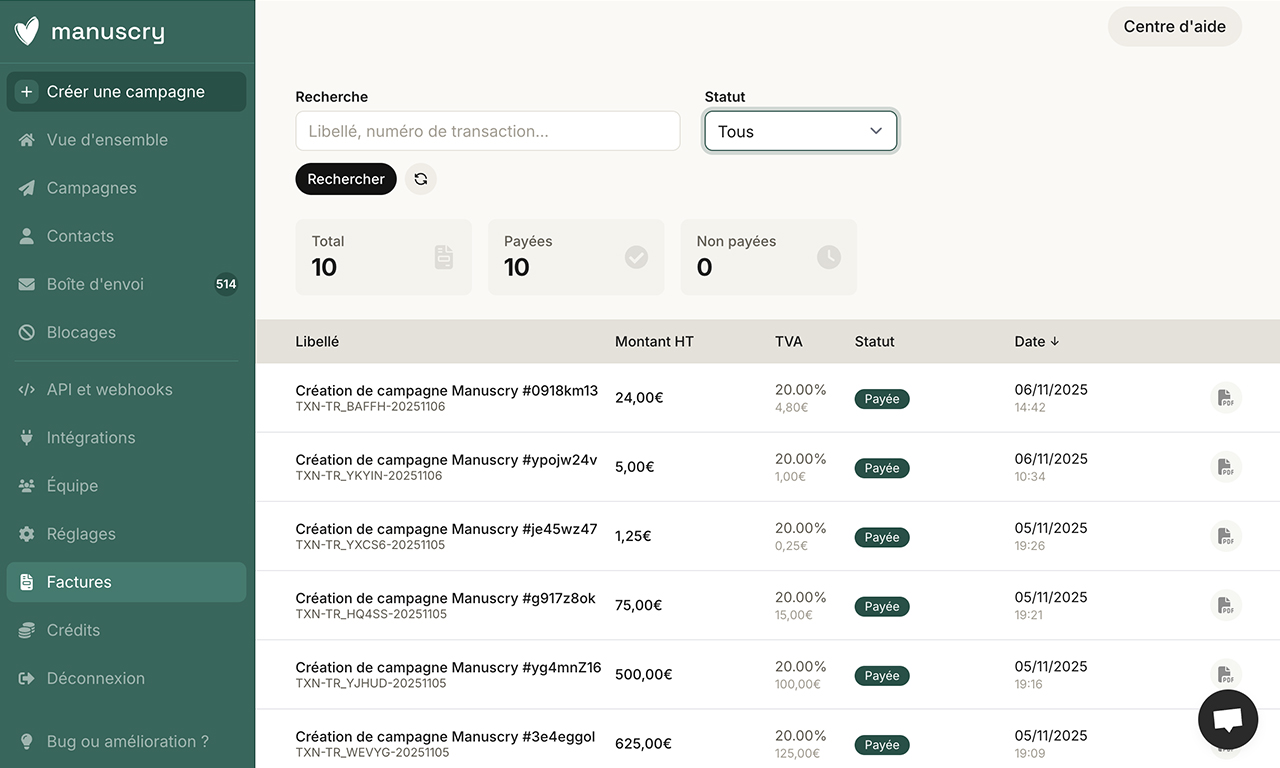 Cette page montre les factures du compte client.