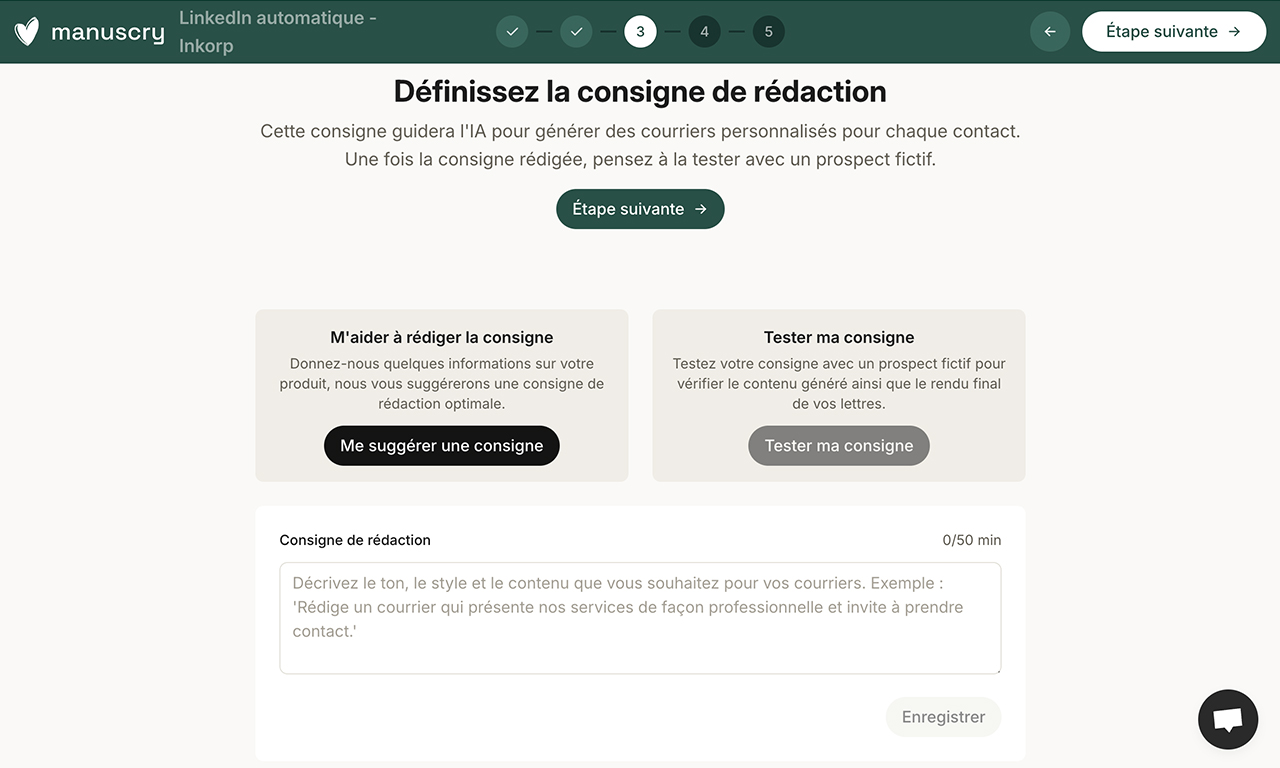 Cette page montre l’étape 3 de la configuration de courrier, avec la consigne de rédaction générée.