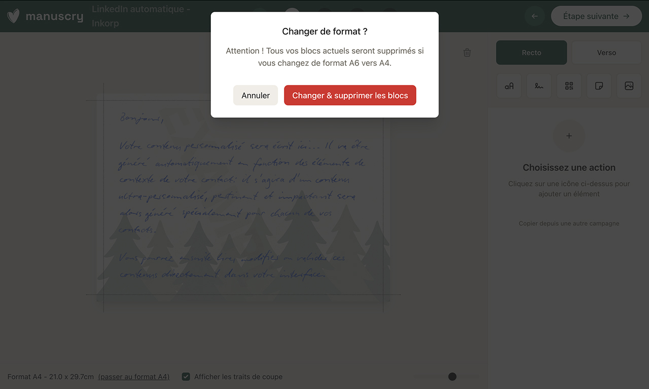 Cette pop in montre la possibilité de changer de format directement depuis l’éditeur de courrier manuscry.