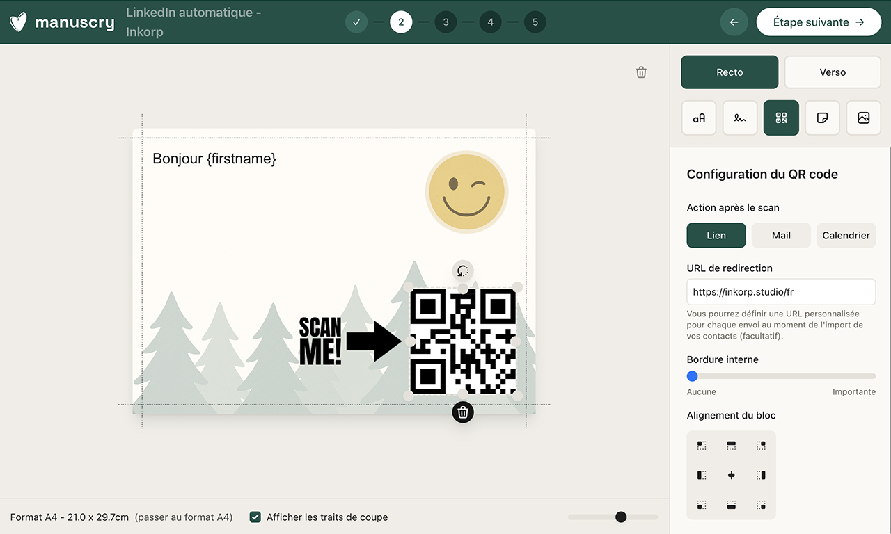 Cette page montre la cofniguration d’un qr code sur l’éditeur de courrier manuscry.