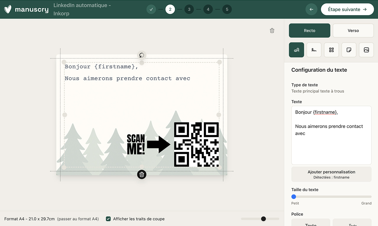 Cette page montre la configuration du bloc de texte.