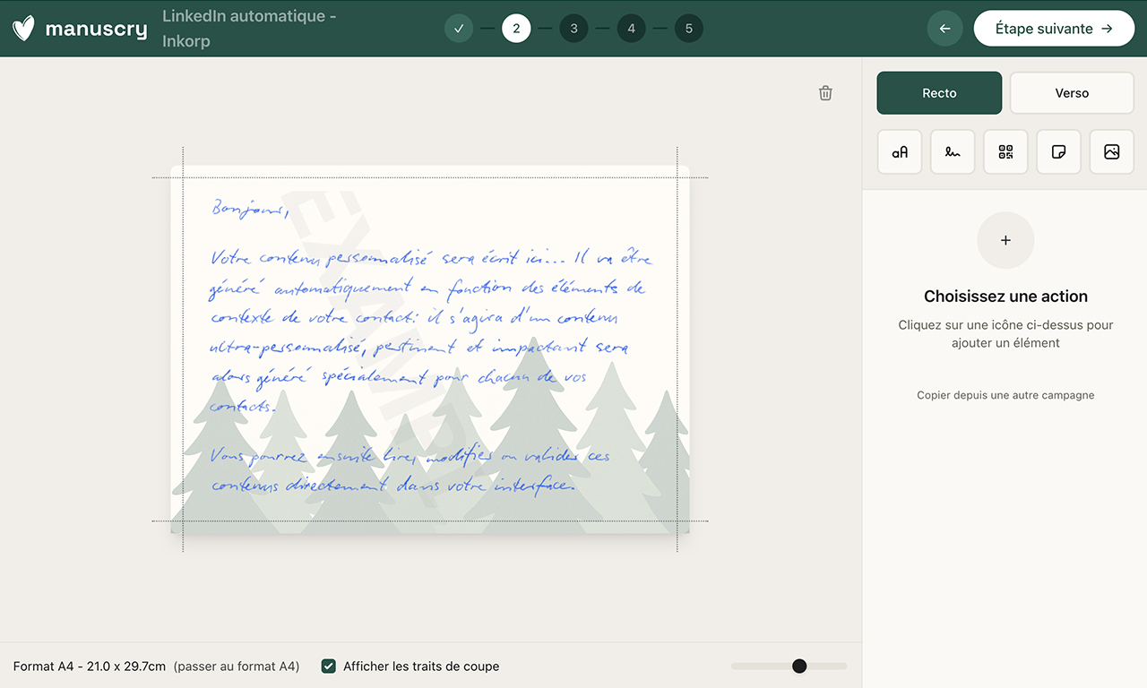 Cette page montre l’éditeur de courrier manuscry, avec les différents onglets et la visualisation.