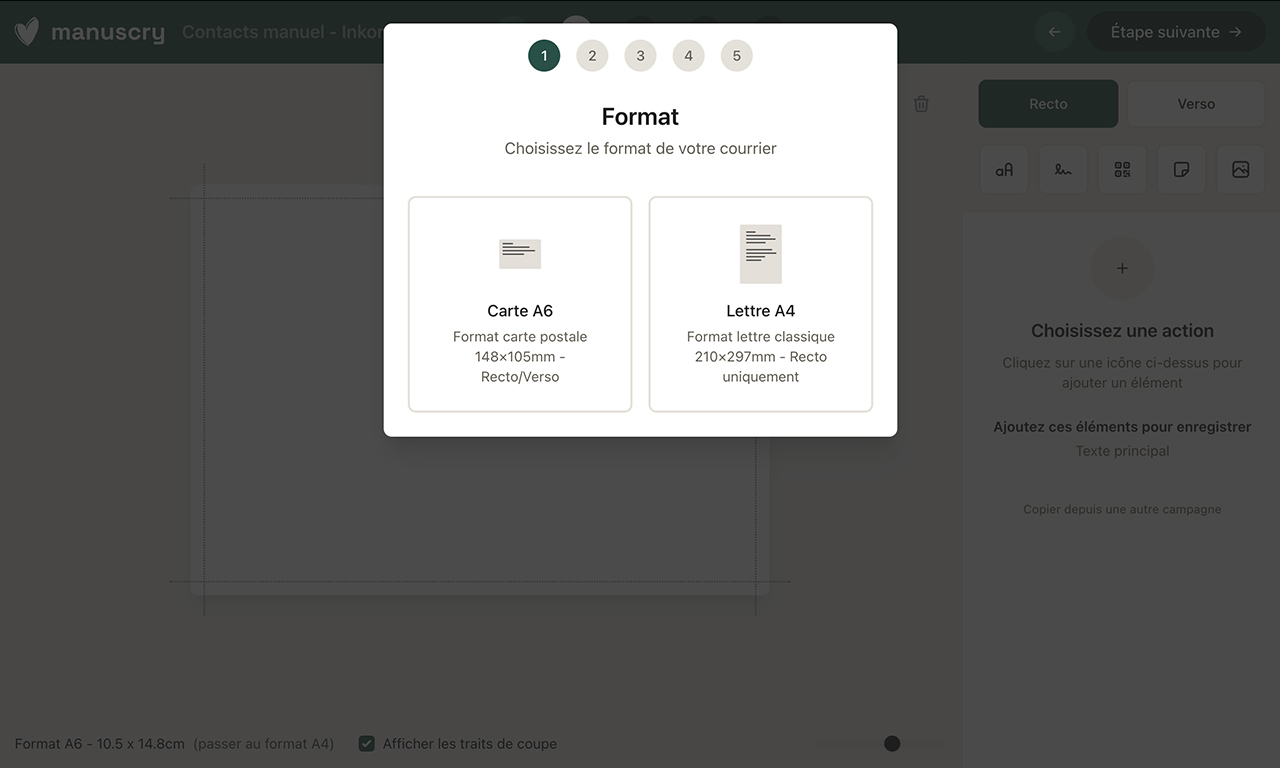 Cette page montre la pop in en 5 étapes de l’éditeur Manuscry, étape 1 formats.