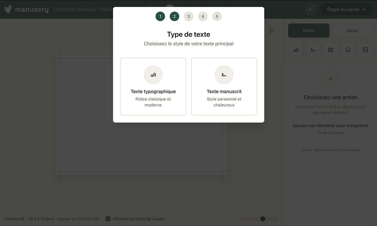 Cette page montre la pop in en 5 étapes de l’éditeur Manuscry, étape 2 texte manuscrit ou font normale.
