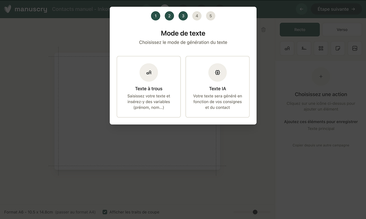 Cette page montre la pop in en 5 étapes de l’éditeur Manuscry, étape 3 texte à trous ou IA.
