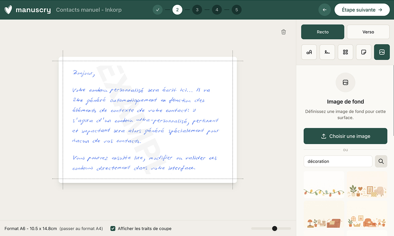 Cette page montre comment ajouter une image de fond dans l’éditeur de courrier manuscry.