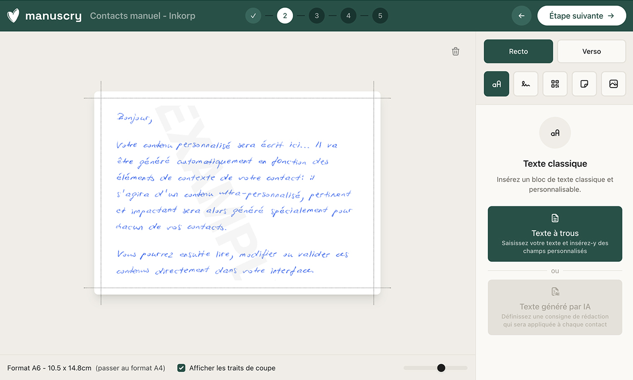 Cette page montre l’onglet texte de l’éditeur de courrier Manuscry.