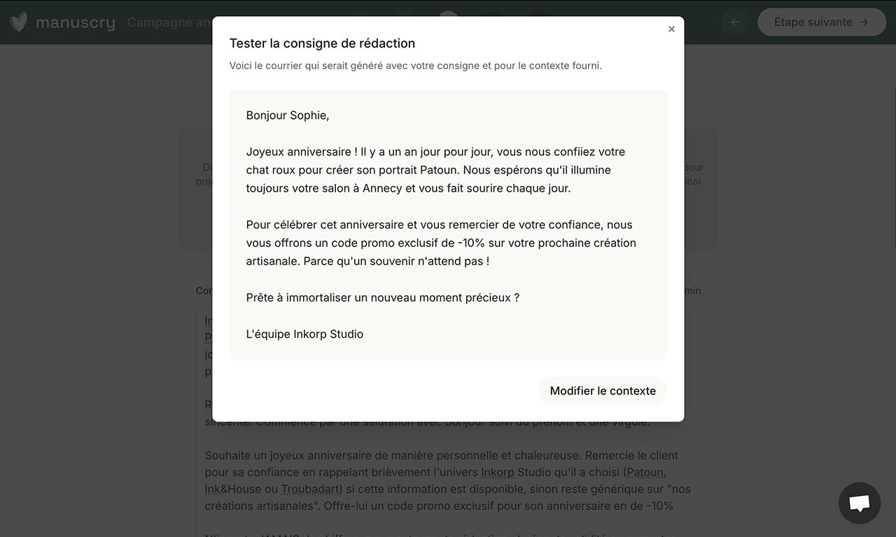 Cette pop in montre un test de courrier généré selon notre consigne.