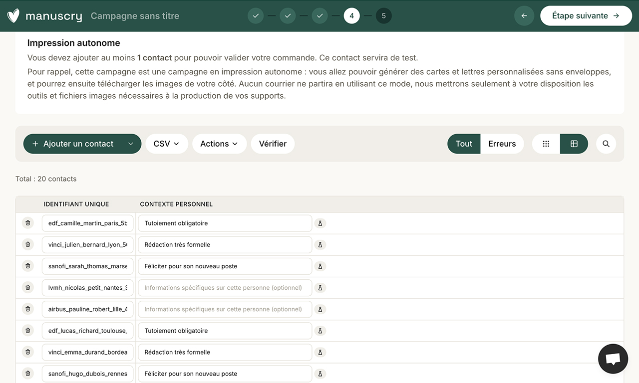 Cette page montre l’étape 4 de la configuration de notre campagne manuscry, pour l’ajout de contacts manuels.