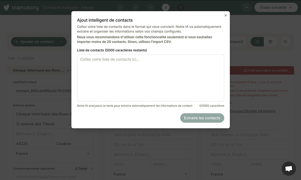 Cette pop in s’affiche quand on veut ajouter un contact par ajout intelligent, afin de coller des contacts dans le format qu’on veut, avec l’IA qui réorganise.