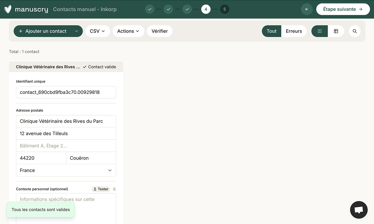 Cette page montre la vérification des contacts, pour voir s’ils sont valides.