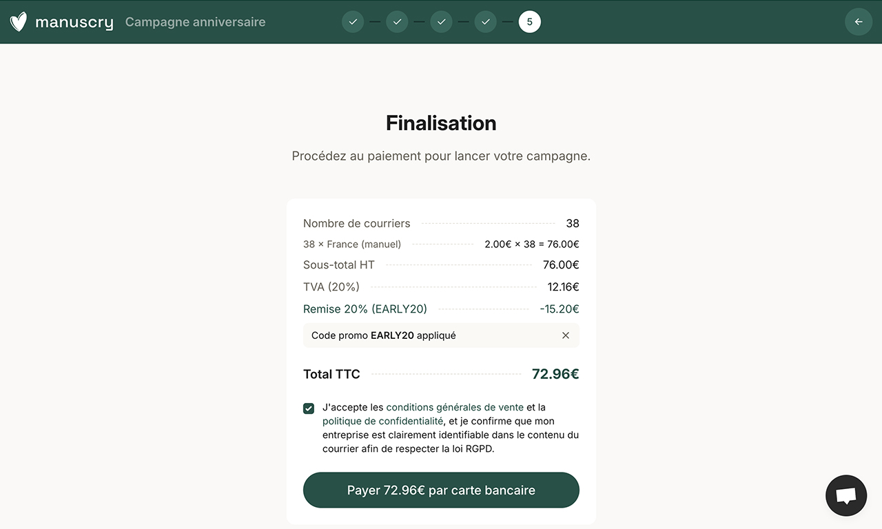 Cette page montre l’étape 5 finalisation d’une campagne, avec le total à payer