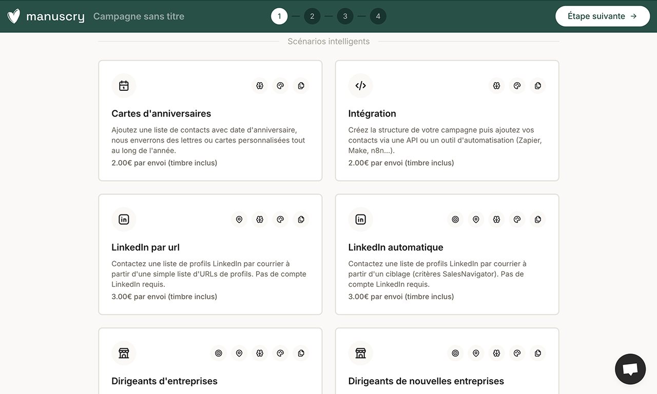 Cette page montre les différents types de campagnes possibles de manuscry, avec les scénarios intelligents.