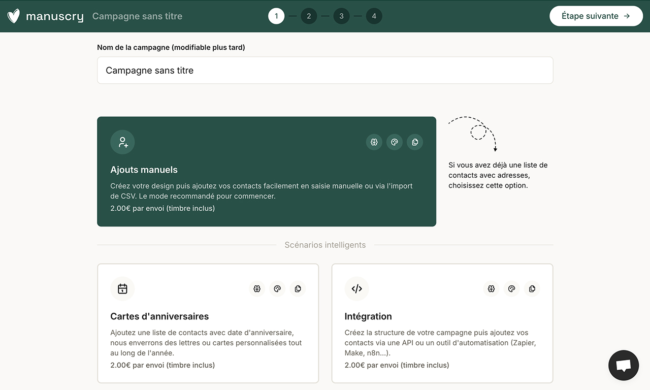 Cette page montre les différents types de campagne possibles sur Manuscry.